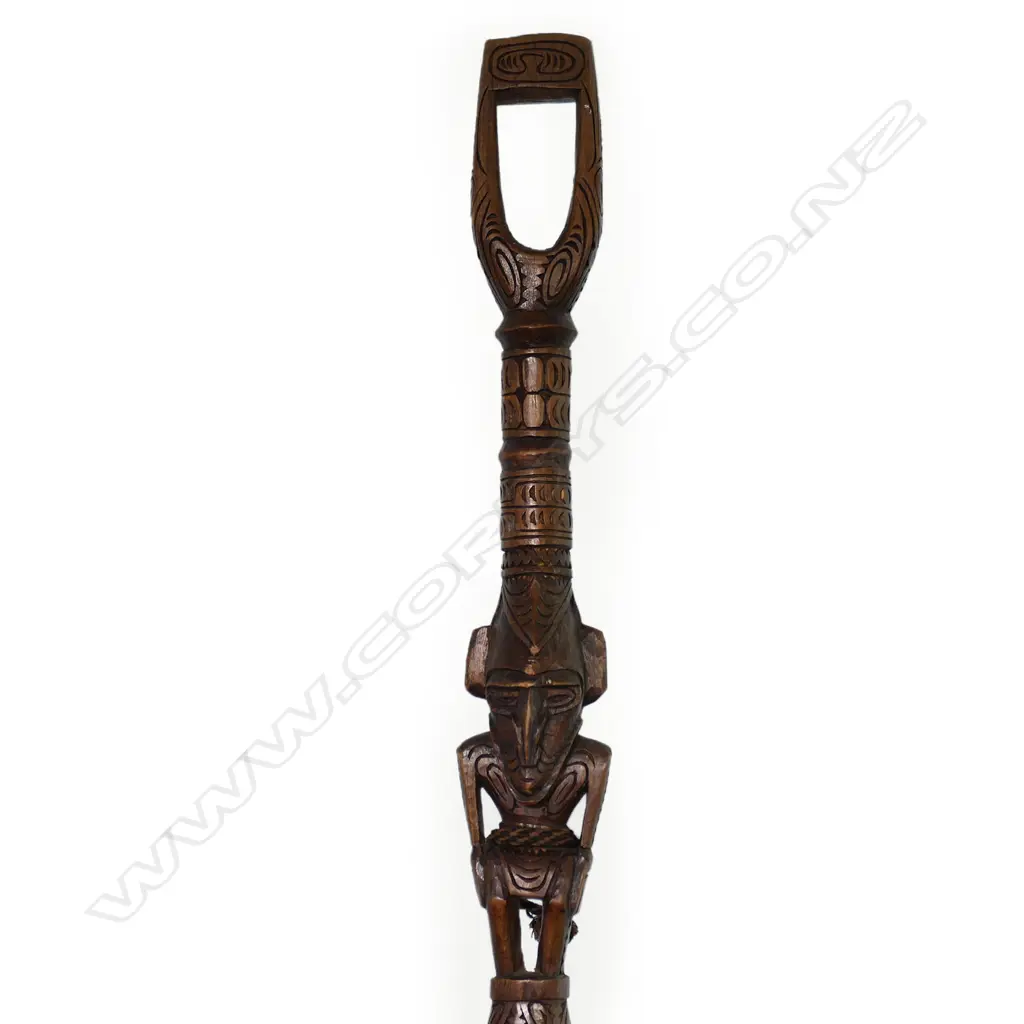 Massim PNG three-figure carved ornate stick w snake to base, Image 1++